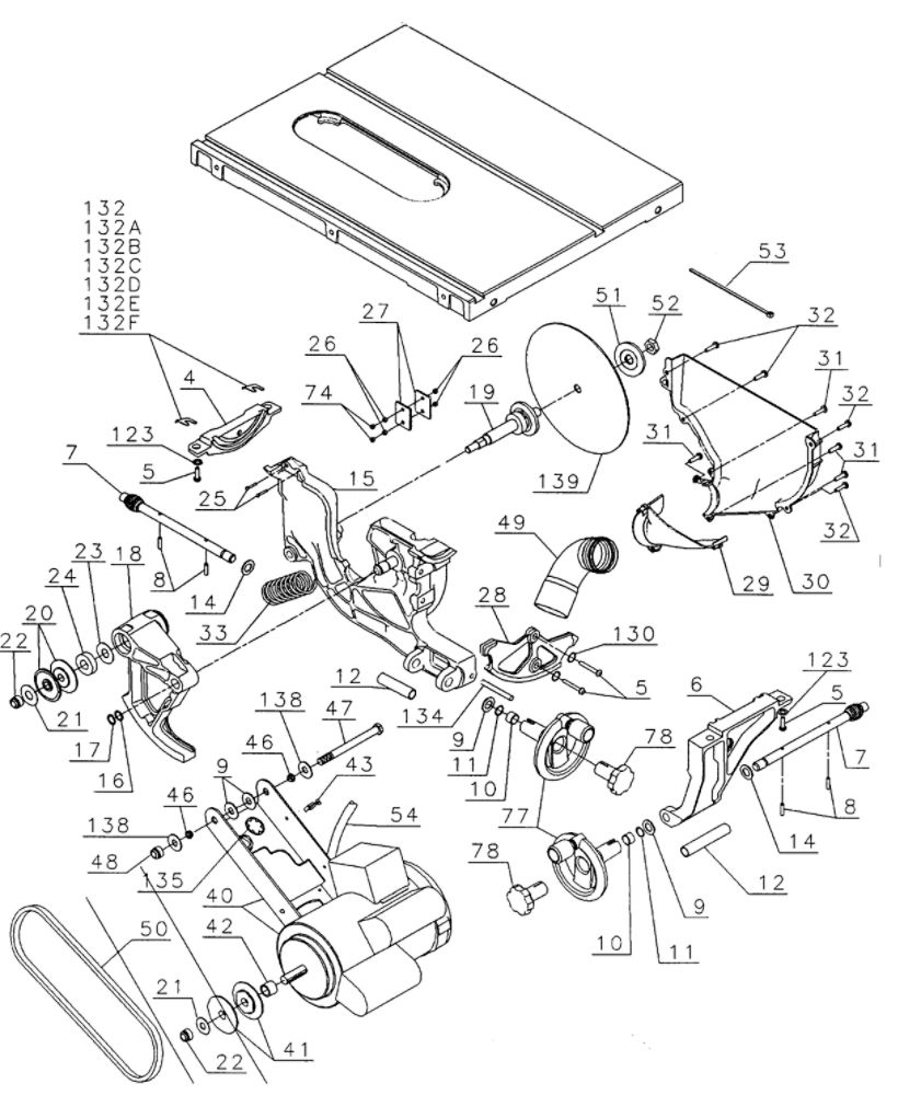 Motor/Blade Assembly Diagram and Parts List for DW746TY1  Black and Decker Table Saw